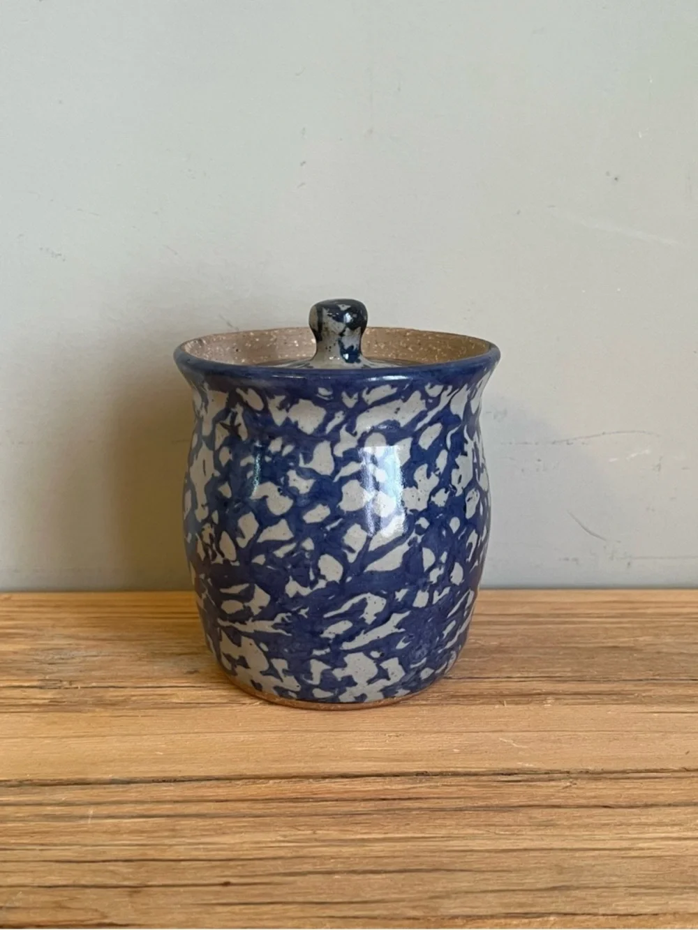 Bastine Pottery Indiana Blue Spongeware Stoneware Lidded Jar